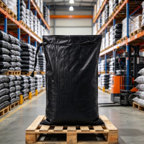 Bags made from customized PP woven fabric stacked in layers on a warehouse pallet.