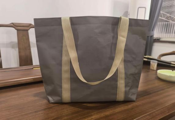 Light-colored hotel tote bag with short and long dark webbing handle pairs.